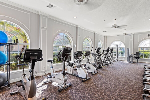 workout area featuring ceiling fan, carpet floors, a textured ceiling, and ornamental molding