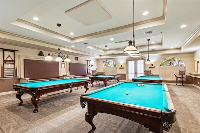 rec room with carpet flooring, french doors, billiards, and a tray ceiling