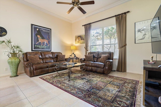 living room with ceiling fan, ornamental molding, and light tile patterned flooring