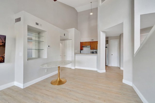 interior space featuring a high ceiling and light hardwood / wood-style floors