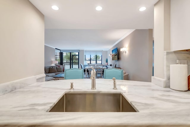 kitchen featuring light stone counters, ornamental molding, and sink