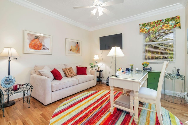 living room featuring light hardwood / wood-style floors, ceiling fan, and ornamental molding