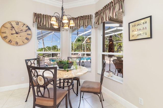 dining area featuring an inviting chandelier, light tile patterned floors, and ornamental molding