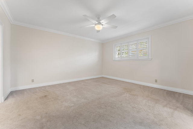 carpeted empty room with ceiling fan and ornamental molding