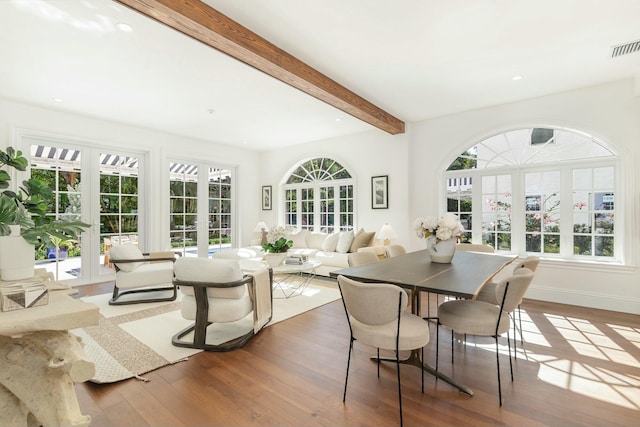 230 Argyle Rd, West Palm Beach, FL 33405 - dining space with hardwood / wood-style floors, french doors, beamed ceiling, and recessed lighting