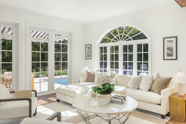 living room featuring french doors and light hardwood / wood-style flooring