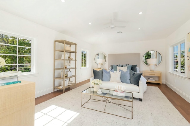 living room featuring plenty of natural light, ceiling fan, and wood-type flooring