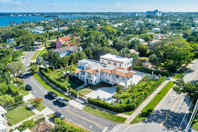 aerial view featuring a water view