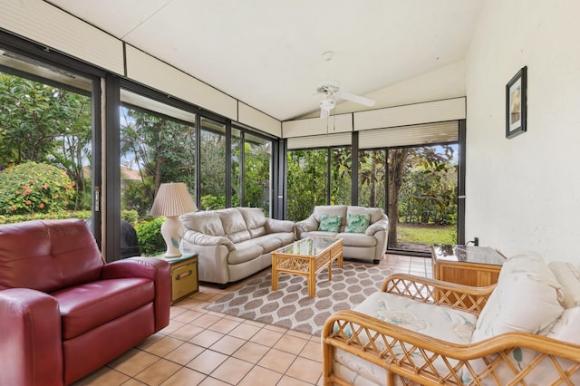 sunroom featuring ceiling fan and lofted ceiling