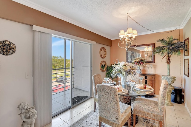 dining space with light tile patterned floors, a textured ceiling, and an inviting chandelier