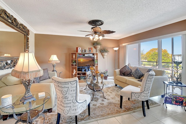 tiled living room featuring a textured ceiling, ceiling fan, and ornamental molding