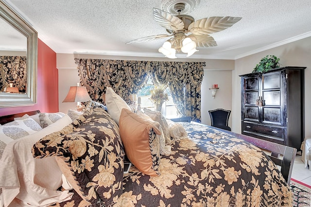 bedroom with ceiling fan, crown molding, and a textured ceiling