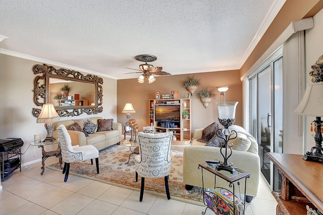 tiled living room featuring crown molding, ceiling fan, and a textured ceiling