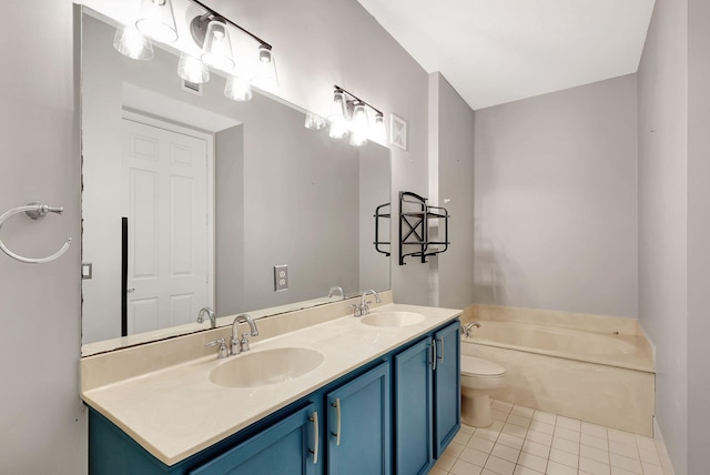 bathroom featuring tile patterned flooring, a bath, vanity, and toilet