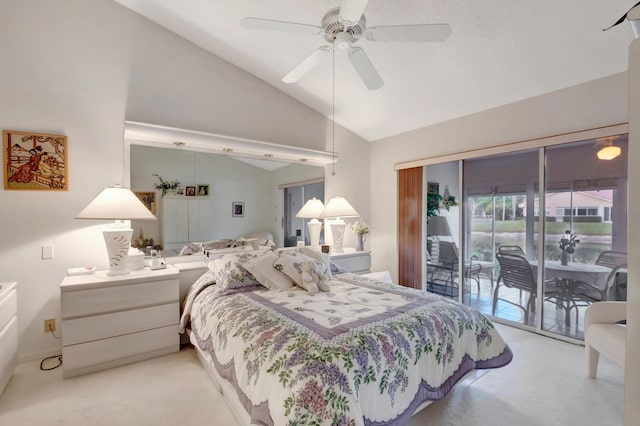 bedroom featuring access to outside, ceiling fan, high vaulted ceiling, and light carpet