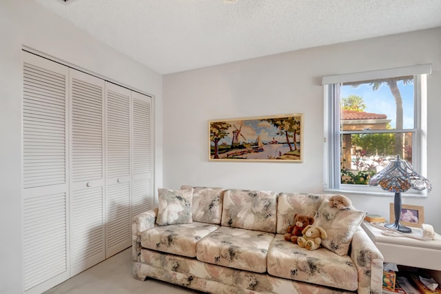 living room with light carpet and a textured ceiling