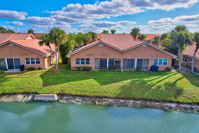 exterior space with a water view and a front yard