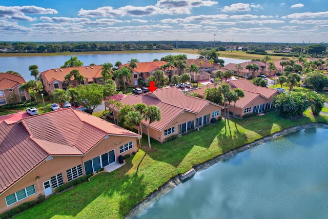 drone / aerial view featuring a water view