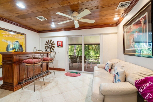 tiled living room featuring ceiling fan, wooden ceiling, and ornamental molding