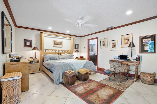 bedroom with ceiling fan, crown molding, light tile patterned floors, and a textured ceiling