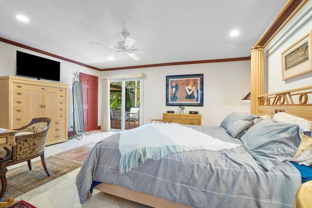 bedroom with access to outside, ceiling fan, light tile patterned floors, and ornamental molding