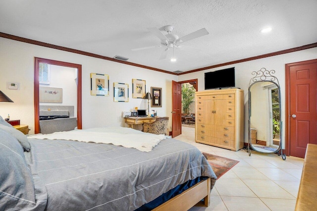 tiled bedroom featuring ceiling fan, ornamental molding, and multiple windows