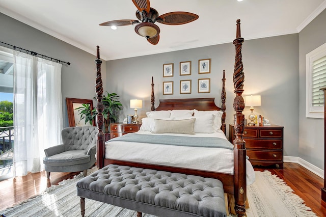 bedroom with hardwood / wood-style floors, ceiling fan, access to outside, and multiple windows