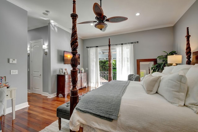 bedroom featuring access to outside, ceiling fan, ornamental molding, and hardwood / wood-style flooring