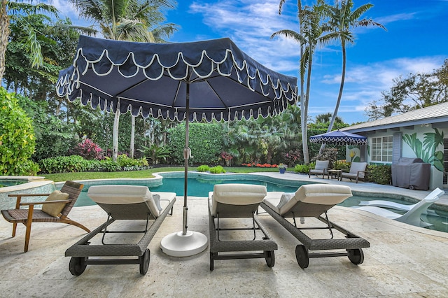 view of pool with a patio and a hot tub