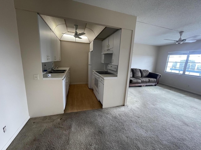 kitchen with white cabinetry, white appliances, ceiling fan, and sink