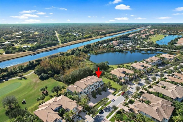 drone / aerial view featuring a water view