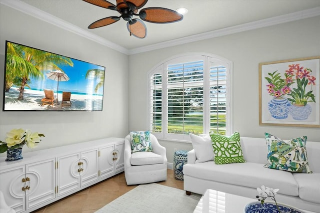 living room featuring ceiling fan, crown molding, and light tile patterned flooring