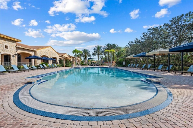 view of swimming pool with a patio area