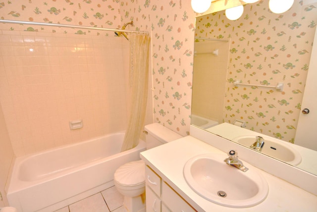 full bathroom featuring vanity, tile patterned flooring, shower / bathtub combination with curtain, and toilet