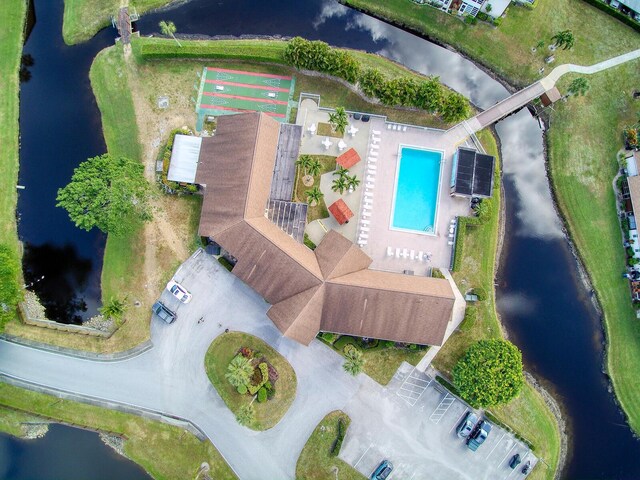 drone / aerial view featuring a water view