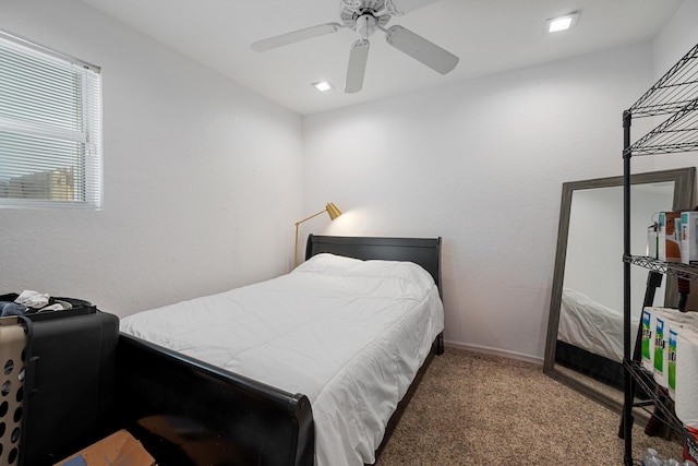 bedroom featuring carpet floors and ceiling fan