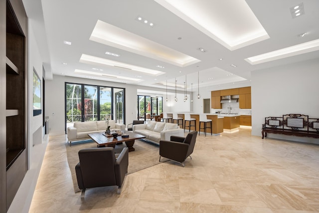 living room with sink and a raised ceiling