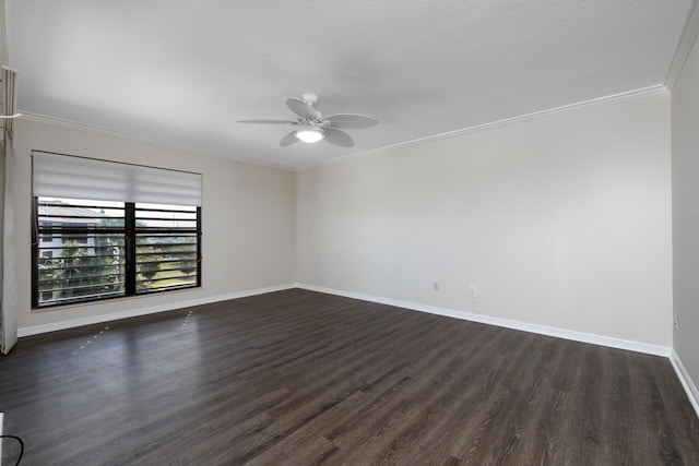 spare room featuring a textured ceiling, ceiling fan, dark hardwood / wood-style floors, and ornamental molding