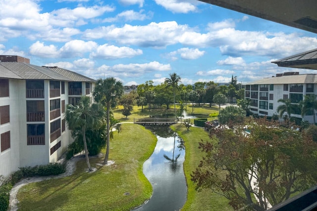 exterior space with a water view