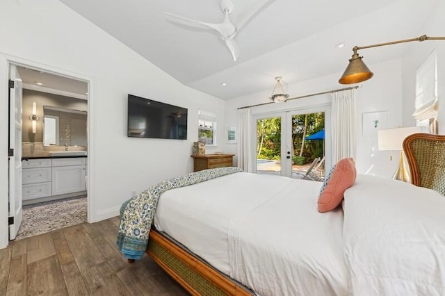 bedroom featuring french doors, vaulted ceiling, ceiling fan, dark hardwood / wood-style floors, and access to exterior