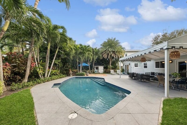 view of swimming pool featuring a storage unit and a patio area