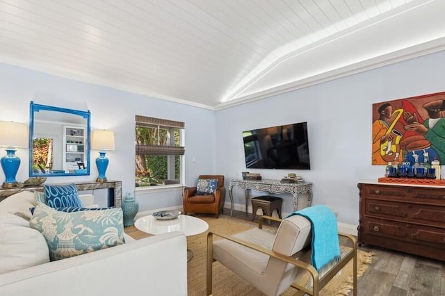 living room with wood-type flooring, vaulted ceiling, and wood ceiling