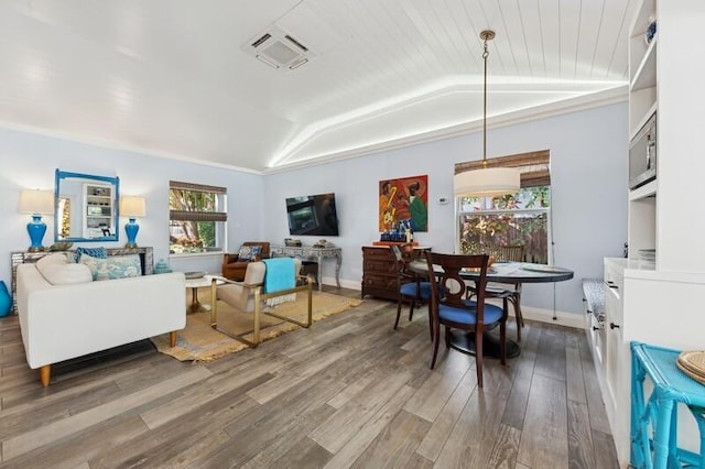 living room with wood-type flooring, lofted ceiling, and wooden ceiling