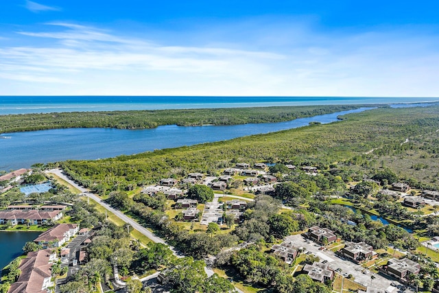 bird's eye view with a water view