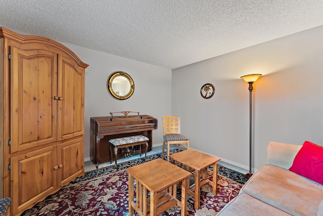 living room with a textured ceiling