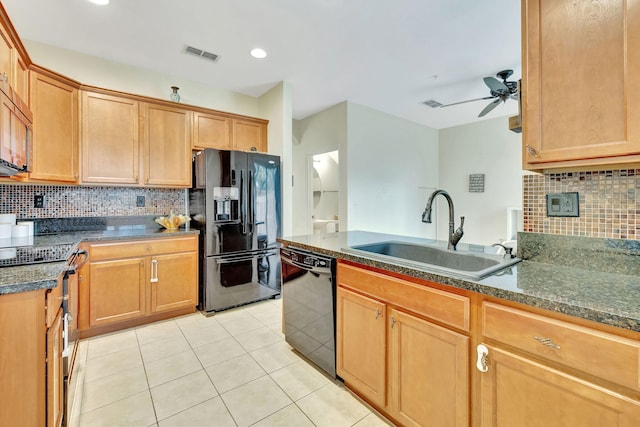 kitchen featuring decorative backsplash, sink, ceiling fan, and black appliances