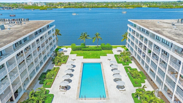 drone / aerial view featuring a water view