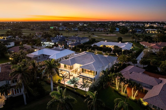 view of aerial view at dusk