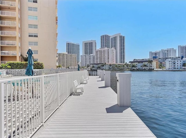 dock area with a city view and a water view