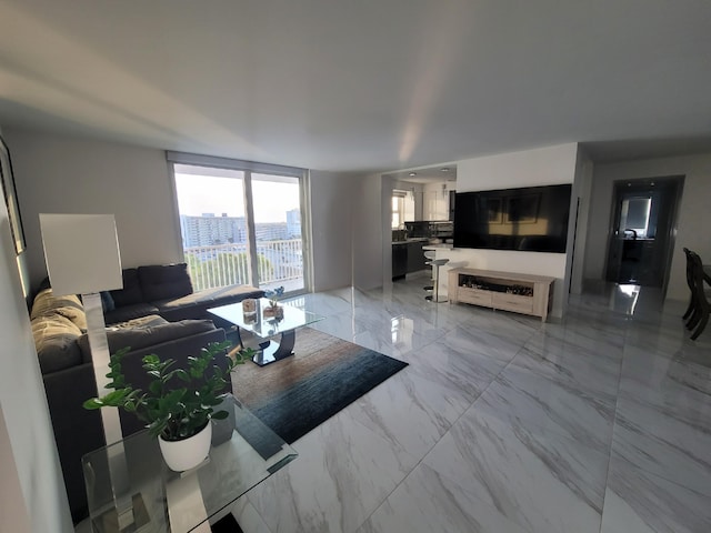 living room with marble finish floor and expansive windows